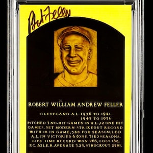Bob Feller Cleveland Signed Hall of Fame Plaque Postcard (PSA)-Free Shipping