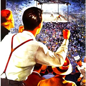 May include: Vintage boxing match poster featuring Rocky Marciano vs. Roland La Starza at Polo Grounds, September 24, 1953. The artwork depicts a boxing ring with two fighters, surrounded by a crowd of spectators. The poster includes the text "Official Program" and "Fifty Cents."