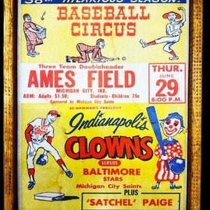 Impresión publicitaria de estilo vintage Paige de los payasos de Indianápolis del circo de béisbol, letrero de madera de 12 x 16 enmarcado en un marco de madera rústico. Envío gratuito
