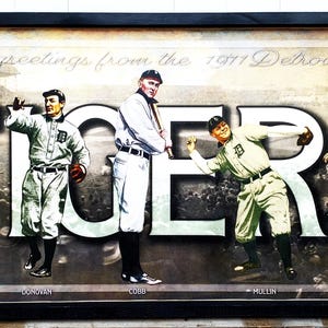 Detroit Tigers Vintage Postcard 12&quot; 24&quot; Wooden Display Sign Framed in a Rustic Wood Frame- Free Shipping
