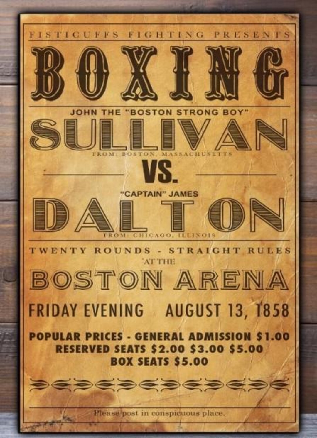 1858 Boxing Sullivan Vs. Dalton Boston Arena Ad 8x12 High Quality Metal ...