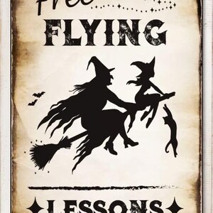 May include: A rectangular metal sign with a distressed beige background featuring black silhouettes of two witches flying on a broomstick with a cat. The text reads Free FLYING LESSONS in a bold serif font, accented by small bat and star graphics.