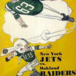 May include: Vintage New York Jets vs. Oakland Raiders football program cover. The illustration features two Jets players in action, set against a yellow background. The program is dated September 28, 1963, and includes the text "OFFICIAL PROGRAM FIFTY CENTS."