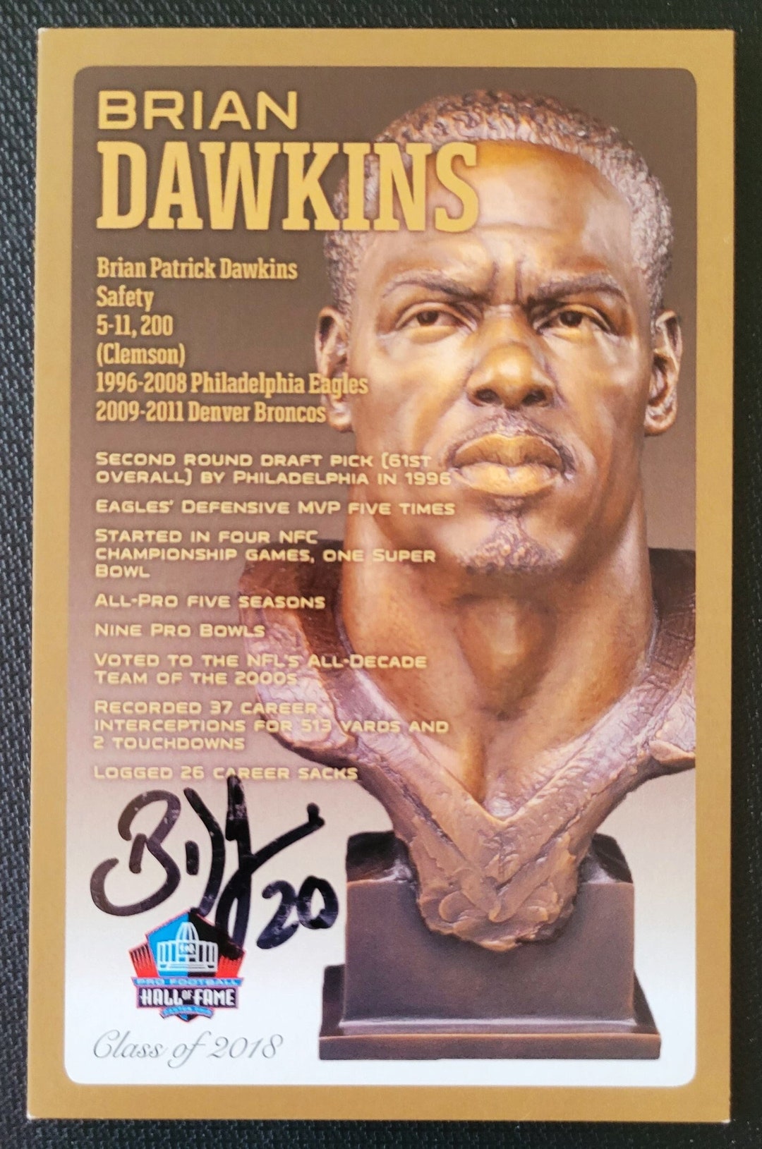 Brian Dawkins Signed Class of 2018 Pro Football Hall of Fame Bust Post ...
