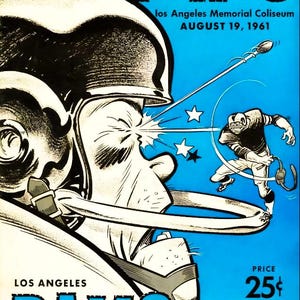 May include: Vintage poster art for a New York Giants vs. Los Angeles Rams football game at the Los Angeles Memorial Coliseum on August 19, 1961. The poster features a stylized illustration of a football player and the text "GIANTS" and "RAMS".