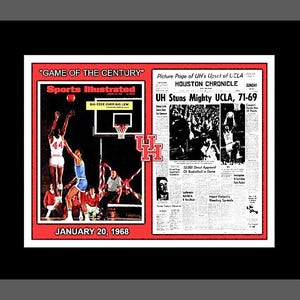 May include: A framed print featuring a vintage Sports Illustrated cover and a Houston Chronicle newspaper page. The Sports Illustrated cover displays a basketball game scene with the text "GAME OF THE CENTURY" and "JANUARY 20, 1968". The newspaper headline reads "UH Stuns Mighty UCLA, 71-69".