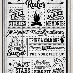 May include: A rectangular wooden sign with the words "FIRE PIT Rules" in a decorative font. The sign includes phrases like "Tell Stories," "Roast Marshmallows," and "Relax & Unwind" in black text. The background is white with a wood grain pattern.