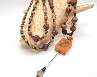Bakelite Dragon Tile Necklace, Radruksha Seed Bead, Boho Jewelry