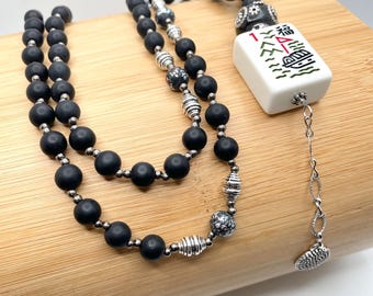 Striking Flower Tile Black and Silver Mahjongg Necklace Jewelry Gift