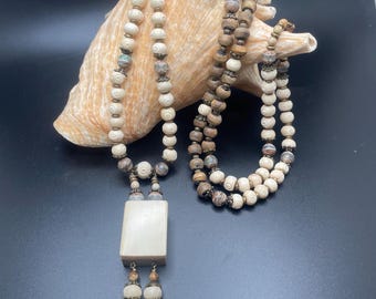 Vintage White Dragon Yak Bone and Bamboo Mahjongg Tile Necklace