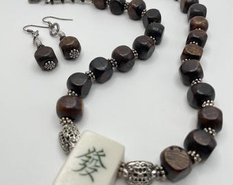 Vintage Mahjong Necklace and Earrings Set, Brown Ox Bone & Green Dragon Tile