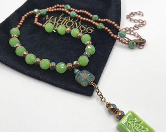 Keramik Grüner Drache Fliesen Mahjongg Glas Halskette Schmuck Geschenk