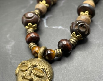 African Brass Mask Pendant Necklace