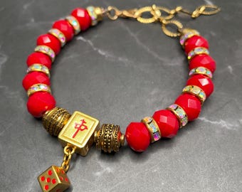 24KT Gold Reversible Red Dragon / One Dot Mahjongg Tike Bracelet