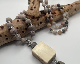 Vintage White Dragon Yak Bone and Bamboo Tile Necklace