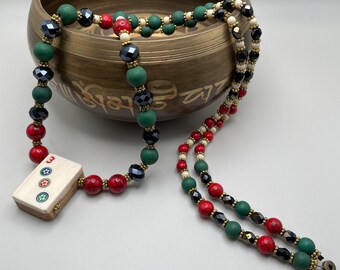 Vintage 3 Dot Yak Bone and Bamboo Mahjongg Tile Necklace Jewelry