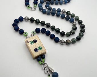 Collar vintage de fichas de Mahjong: joyería con cuentas de hueso, bambú y ágata