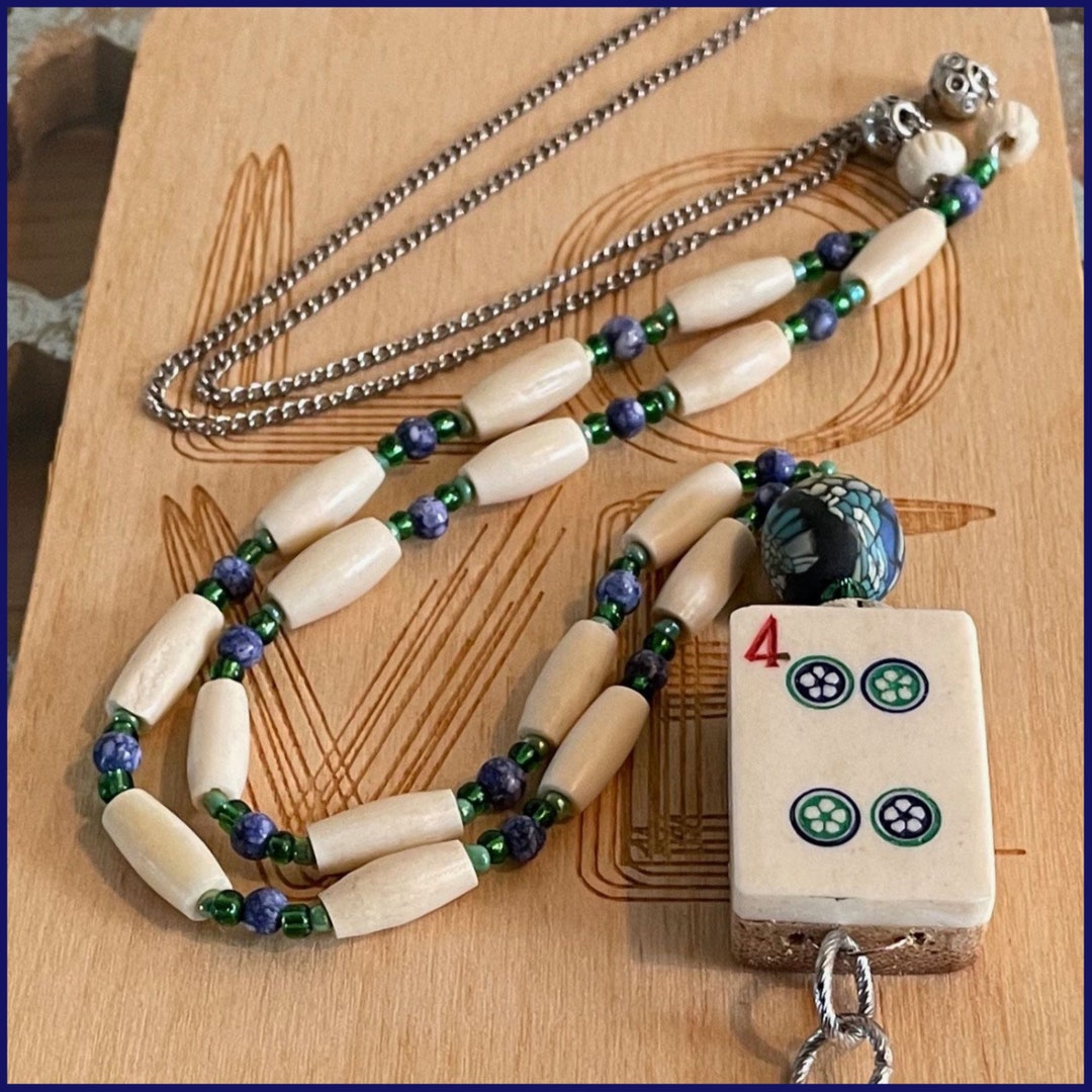 Mahjong / Mahjongg Necklace Jewelry Gift With Hand Carved, Vintage 4 Dot Bone and Bamboo Tile Etsy