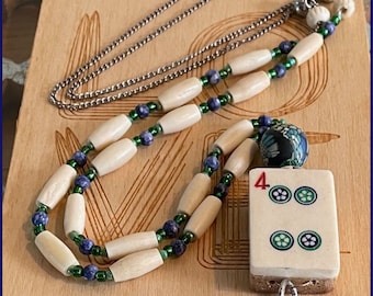 Vintage Mahjong Tile Necklace: Hand Carved Yak Bone & Bamboo, Beaded Chain