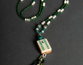 Mahjong / Mahjongg Necklace Jewelry Gift with Hand Carved Vintage '4 Bamboo' Bone and Bamboo Tile