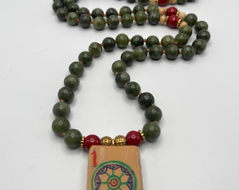 Vintage 1 Dot Bamboo Tile Green Mahjongg Necklace Jewelry Gift