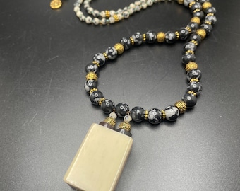 Collar vintage de fichas de Mahjongg con forma de dragón blanco de hueso de yak y bambú