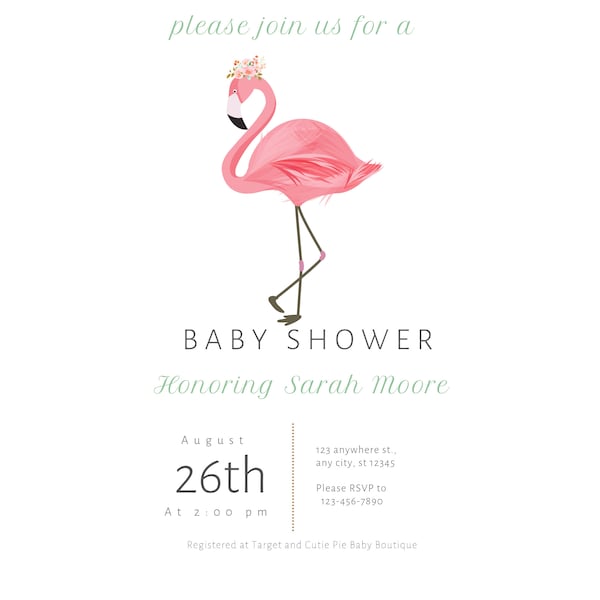 Flamingo Digital baby shower Invitation, evite baby shower, email, baby shower invitation, electronic evitation, sms invite