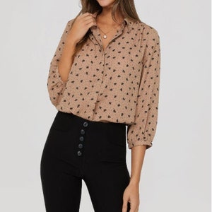 Pleated Cuff Sleeve Button-Down Top