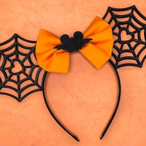 Gruselige 3D-gedruckte Schwarz-Orange-Halloween-Mausohren | Saisonale Spiderweb Disney Ohren | Minnie Ohren