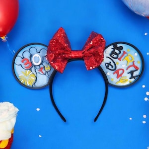 Custom Age Birthday Minnie Mouse Ears Headband | Personalized 3D Printed Mickey Ears | Happy Birthday Mouse Shaped Balloon Disney Ears