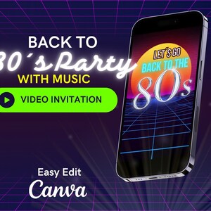 Puede incluir: La pantalla de un teléfono inteligente muestra un gráfico de estilo retro con el texto "Let's go back to the 80's". El teléfono está sobre un fondo de cuadrícula morado y negro con el texto "Back to 80's Party with Music" y un botón de reproducción verde con el texto "Video Invitation". El texto "Easy Edit Canva" está en la parte inferior de la imagen.