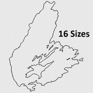 May include: Outline of an island with 16 sizes text. The island is a simple line drawing.