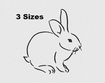 Può includere: Un disegno a tratto nero e bianco di un coniglio in posizione seduta. Il testo "3 Taglie" è sopra il coniglio. Il coniglio ha orecchie lunghe e una piccola coda. Il disegno è su sfondo bianco.