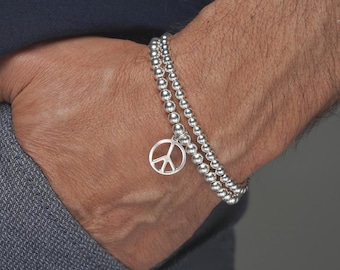 925 Sterling Silver Peace Symbol Stretch Bracelet, Peace Bracelet, Stacked Bracelets, Silver Bracelets