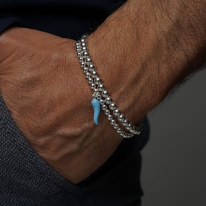 Pulsera elástica de cornetto azul (cuerno italiano) en plata de ley 925, pulsera Malocchio, pulseras apiladas, pulseras de plata