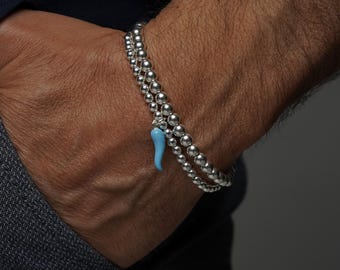 925 Sterling Silver Blue Cornetto (Italian Horn) Stretch Bracelet, Malocchio Bracelet, Stacked Bracelets, Silver Bracelets