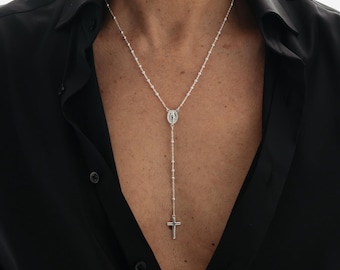 Collana rosario in argento sterling 925 italiano da 18", ciondolo a croce, collana in argento sterling, collana