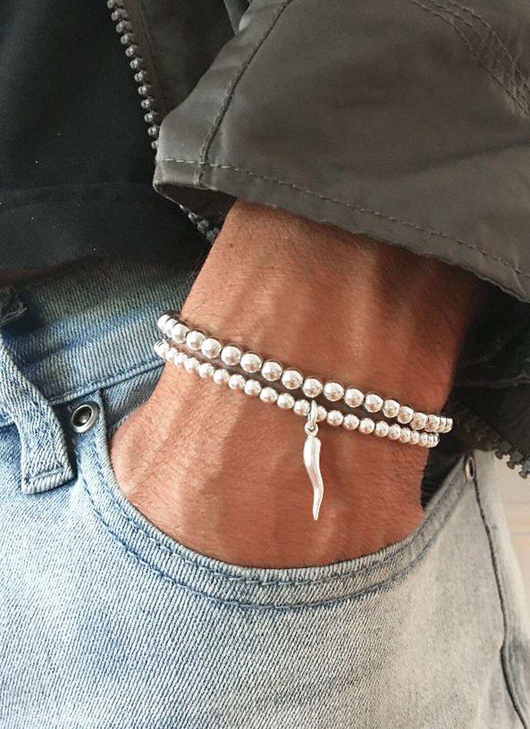 925 Sterling Silver Italian Horn Stretch Bracelet, Malocchio Bracelet, Stacked