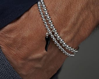 925 Sterling Silver Black Cornetto (Italian Horn) Stretch Bracelet, Malocchio Bracelet, Stacked Bracelets, Silver Bracelets