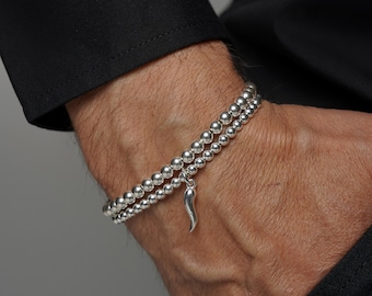 925 Sterling Silver Cornetto Italian Horn Stretch Bracelet, Malocchio Bracelet, Stacked Bracelets, Silver Bracelets