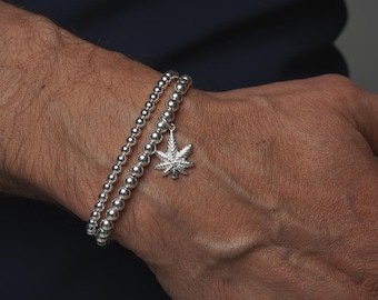 Pulsera elástica de plata de ley 925 con símbolo de hoja de marihuana, pulsera de marihuana, pulseras apiladas, pulseras de plata