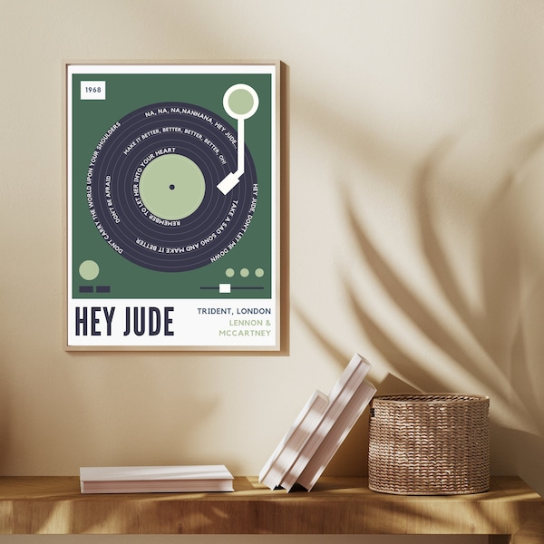 Hey Jude- The Beatles Lyrics Record Poster- DIGITAL DOWNLOAD. Record Vintage Poster, Wall Art, Home Decor, Gift Modern Music Poster