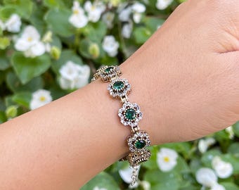 925K Emerald Silver Bracelet, Ottoman Style Authentic Silver Bracelet, Turkish Handmade Emerald Silver Bracelet, Vintage Style Bracelet
