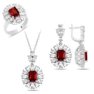925K Ruby Stone Silver Jewelry Set – Necklace, Earrings & Ring with CZ – Fine Jewelry for Women – Luxury Gift for Her