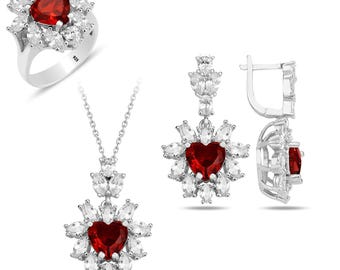 Heart Cut Ruby Stone Silver Jewelry Set, 925K Sterling Silver Turkish Handmade Ruby Earring, Necklace and Ring, Daily Wear Jewelry Set.