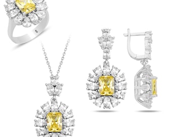 Citrine Silver Jewelry Set - 925K Citrine Earrings, Ring, and Necklace - Handcrafted Turkish Design - Unique Gift Idea for Women