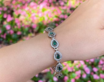 Emerald Ottoman Hurrem Queen Silver Bracelet, Turkish Handcraft Authentic Silver Bracelet, Emerald Silver Bracelet, 925K Emerald Bracelet