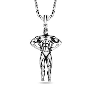 Men&#39;s Sterling Silver Bodybuilder Pendant Necklace, Robust Byzantine Chain, Unique Fitness Jewelry, Gift for Gym Enthusiast