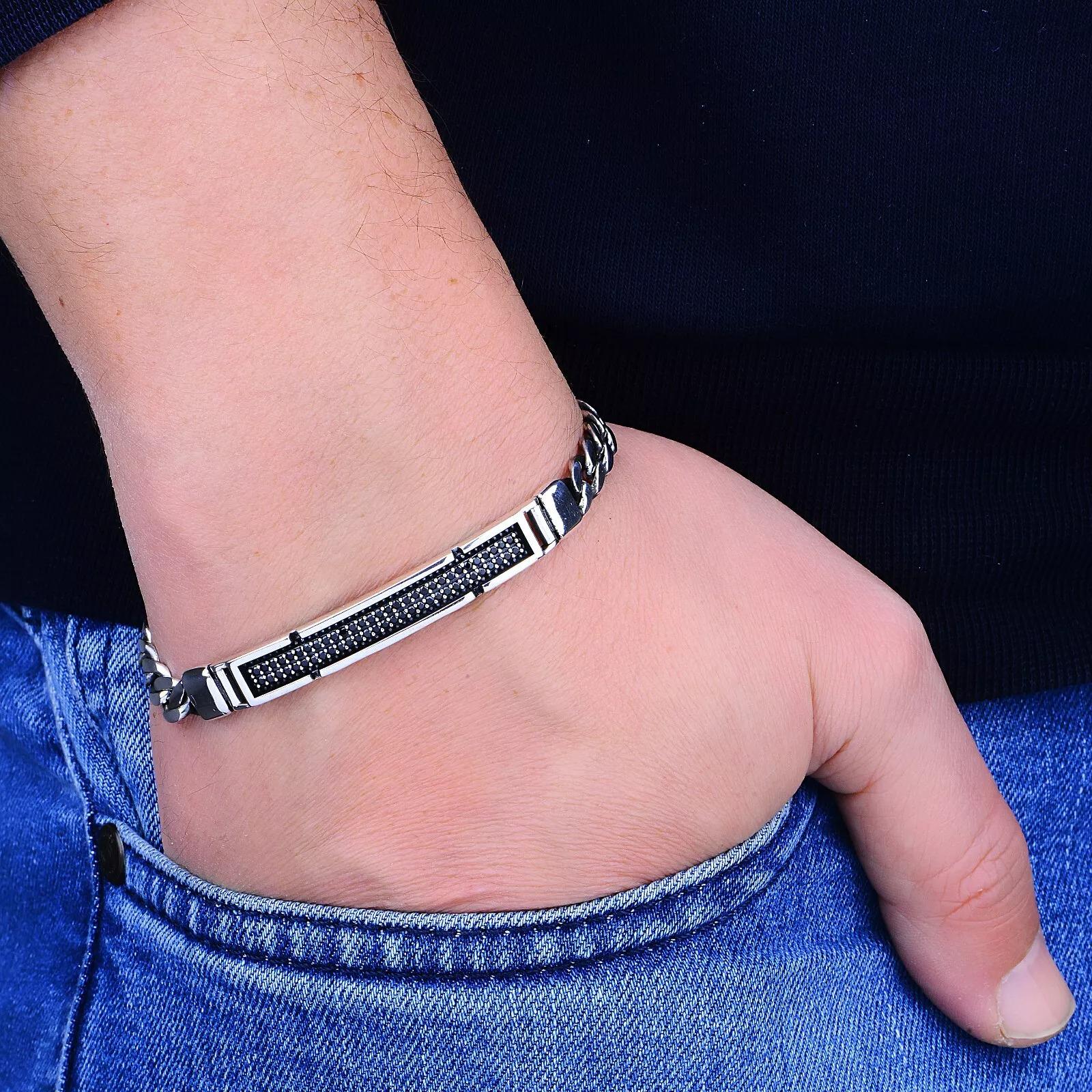 925Kシルバーメンズオニキスブレスレット、トルコ製ハンドメイドカーブ