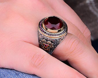 Anillo de rubí para hombre / Joyería turca artesanal de plata de ley 925 quilates / Anillo de piedra roja / Idea de regalo para él